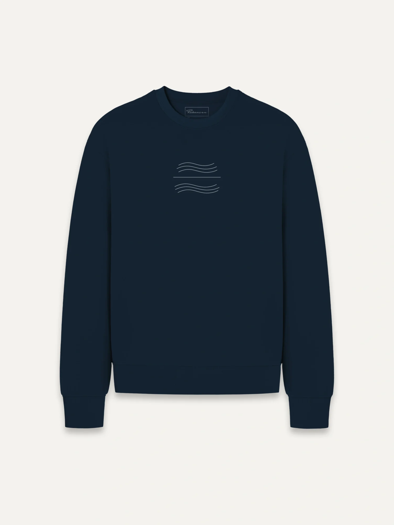 Tidal Balance organic sweatshirt French navy front view with minimal stone grey tidal line artwork
