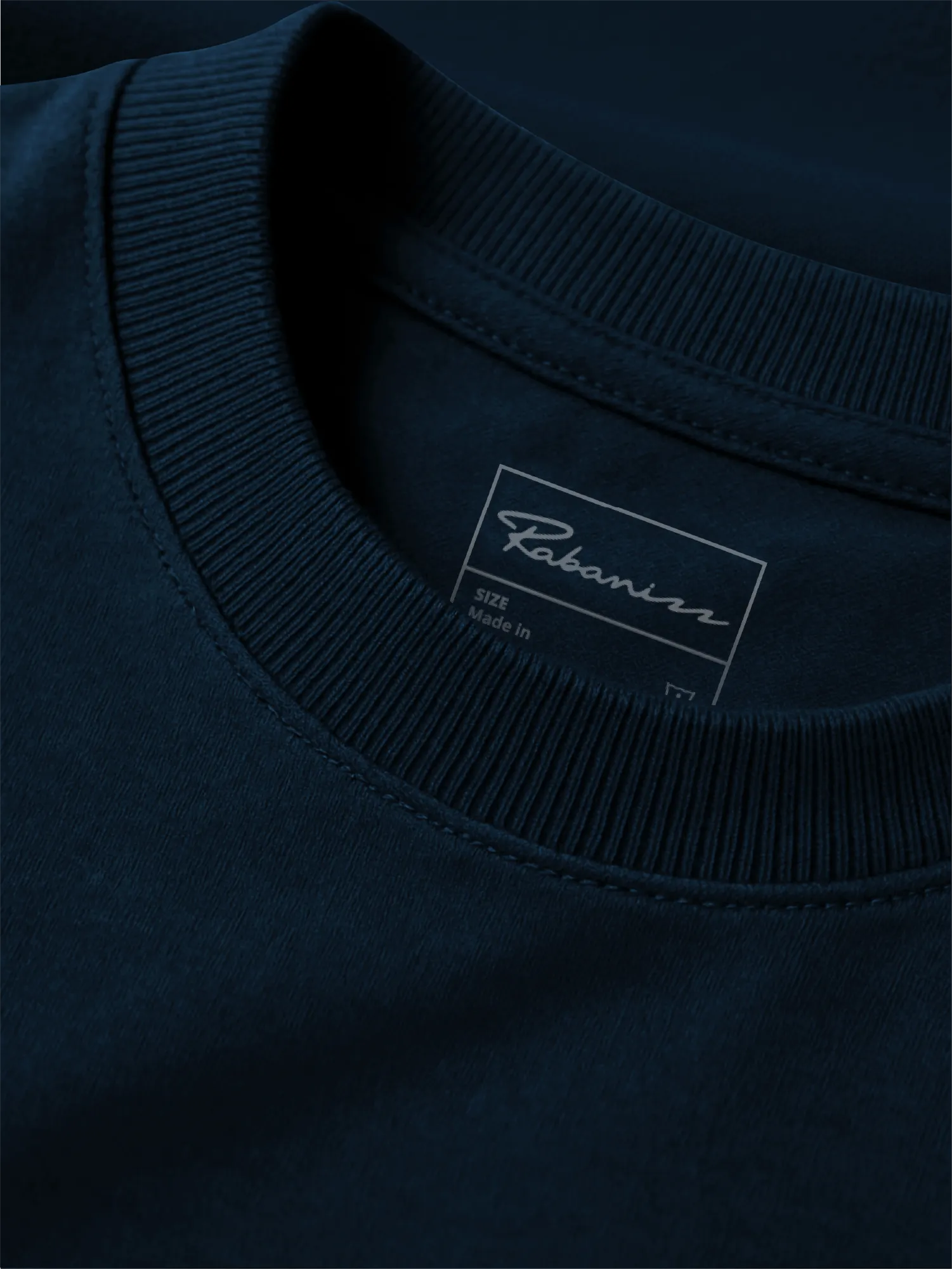 French navy organic sweatshirt collar detail showing rib neckline and inside label