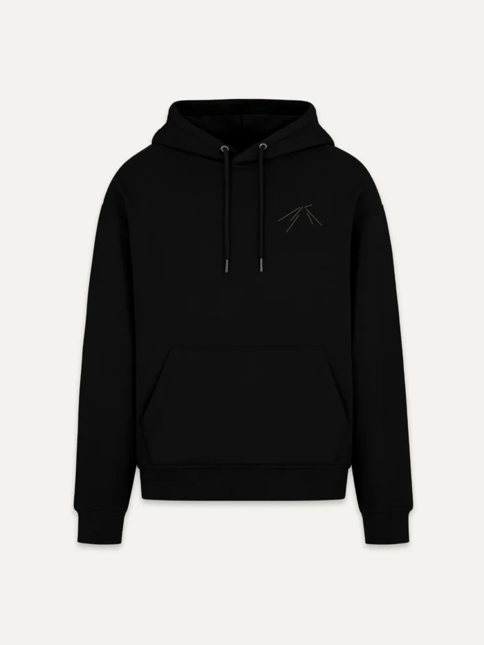 black organic hoodie front view minimal chest artwork muted moss green