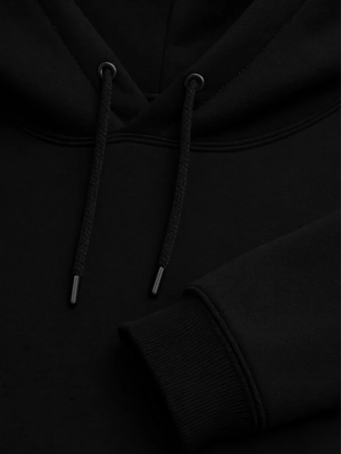 black organic hoodie neckline drawcord rib detail cotton fabric