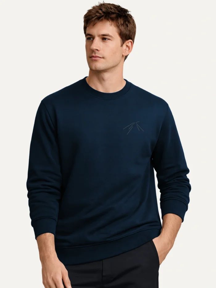 french navy organic sweatshirt front view minimal chest artwork