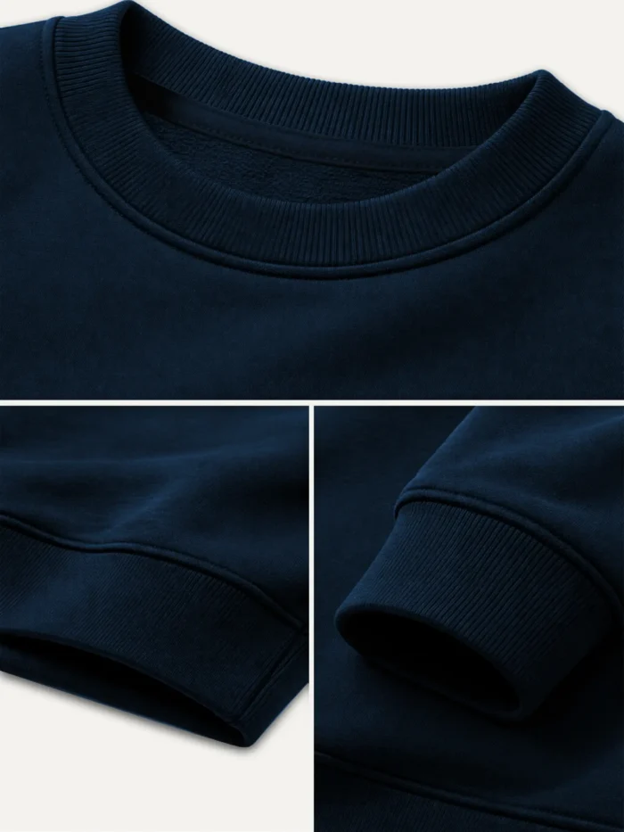 french navy organic sweatshirt neck and sleeve rib detail cotton