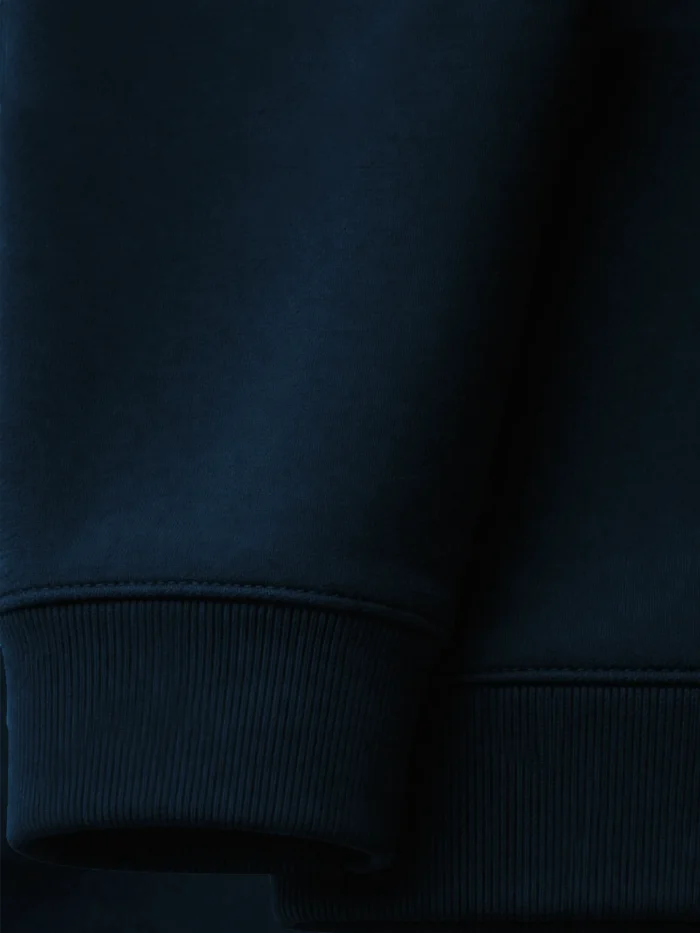 Wind Flow organic sweatshirt French navy rib cuff and hem heavyweight fleece detail