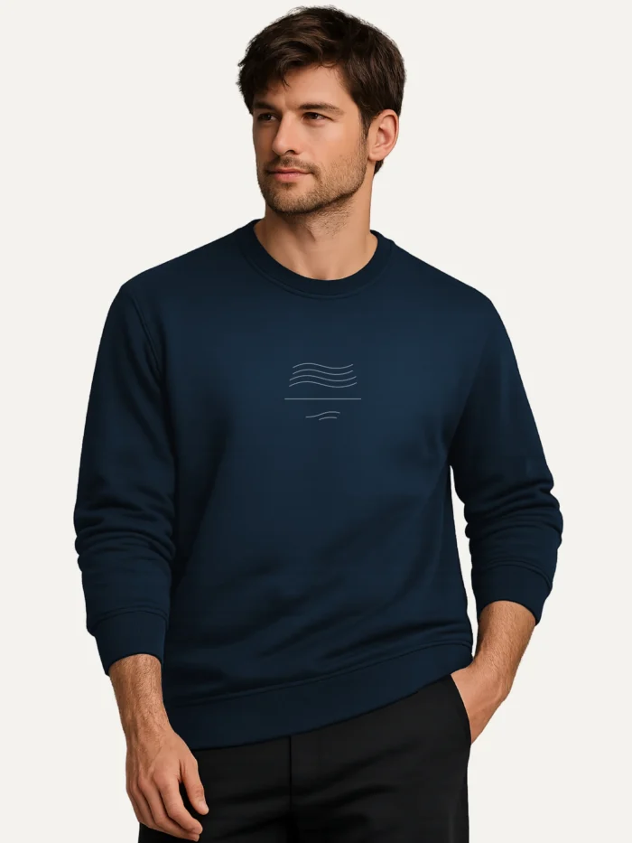 Male model wearing Wind Flow organic sweatshirt French navy minimal wind inspired graphic