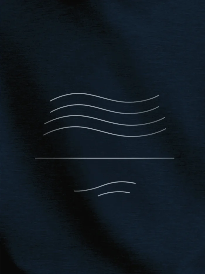 Wind Flow minimal line artwork printed on French navy organic sweatshirt fabric