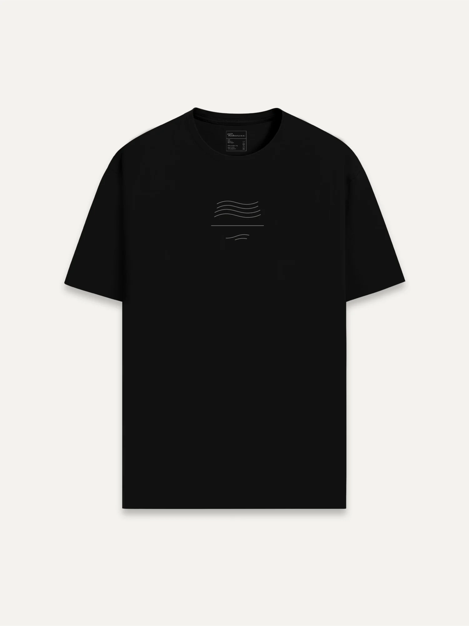 Wind Flow organic cotton t-shirt in black ink front view with minimal climate line artwork