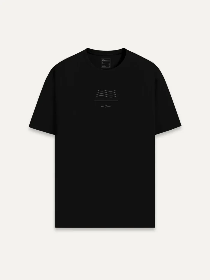 Wind Flow organic cotton t-shirt in black ink front view with minimal climate line artwork