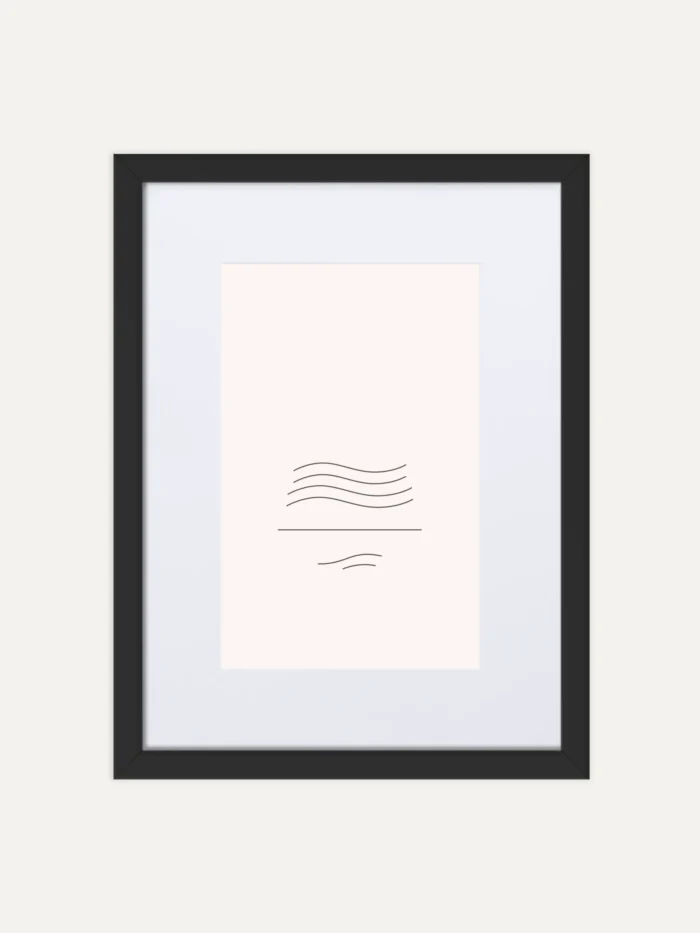 Minimal wind flow line study framed wall art with white mat board and black wooden frame