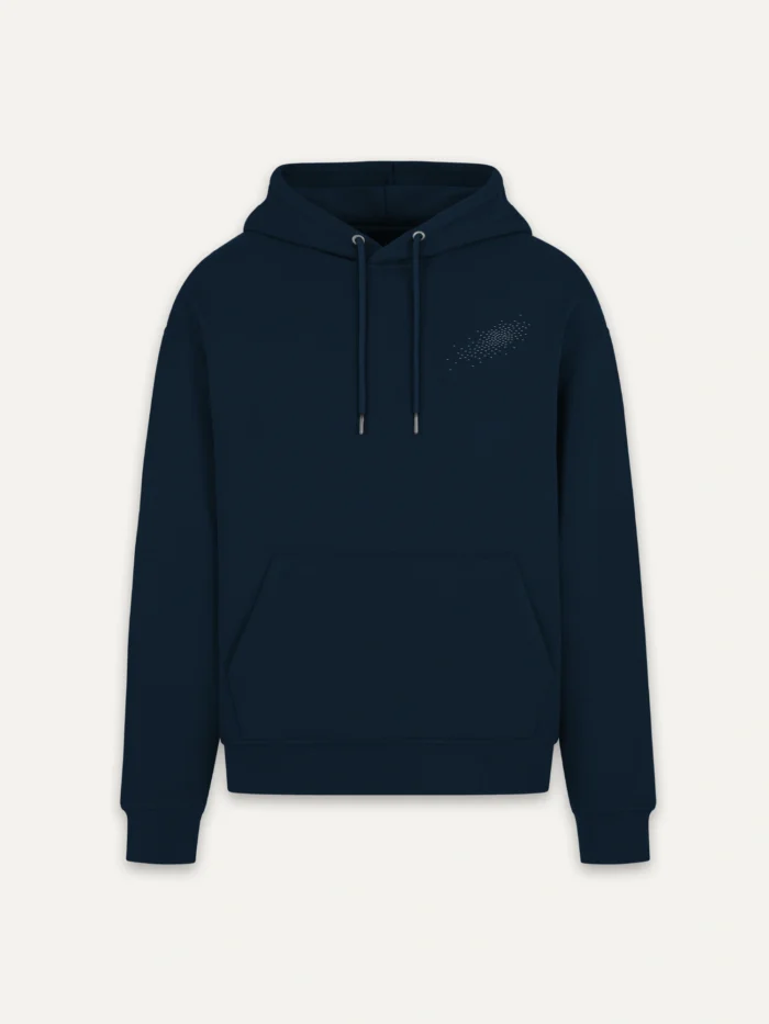 french navy hoodie front flat lay minimal chest print