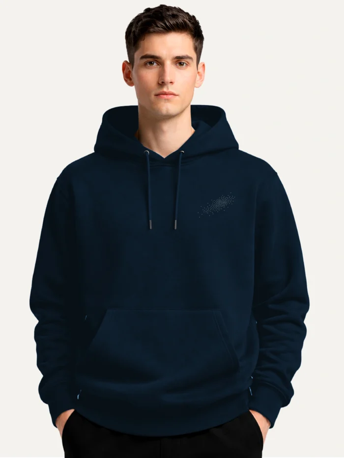 french navy hoodie front view model minimal chest print