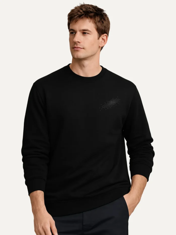 Male model wearing black organic sweatshirt front view