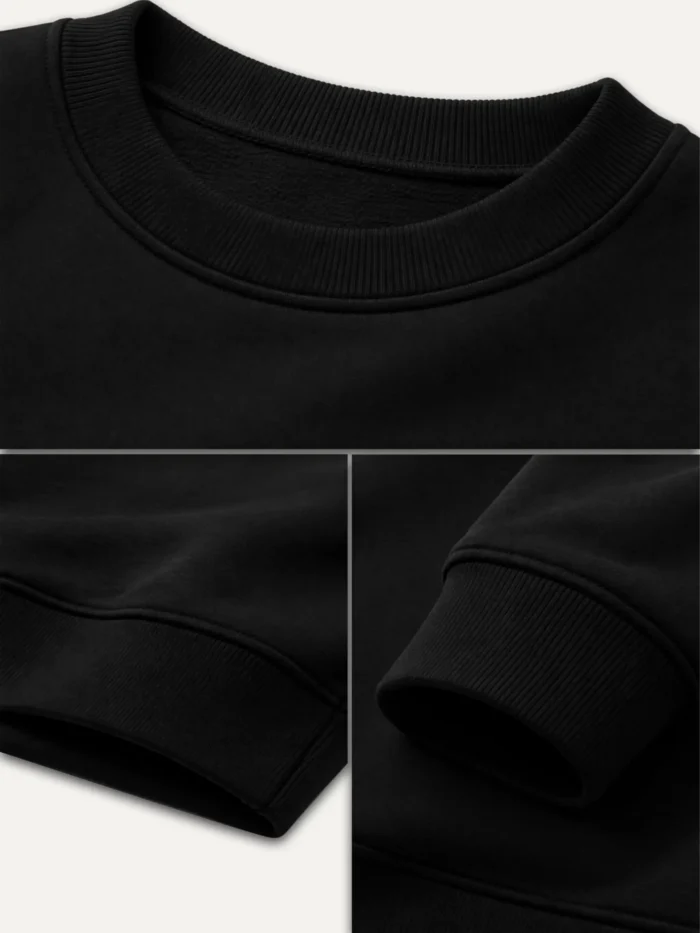 Black sweatshirt rib collar and fabric texture detail