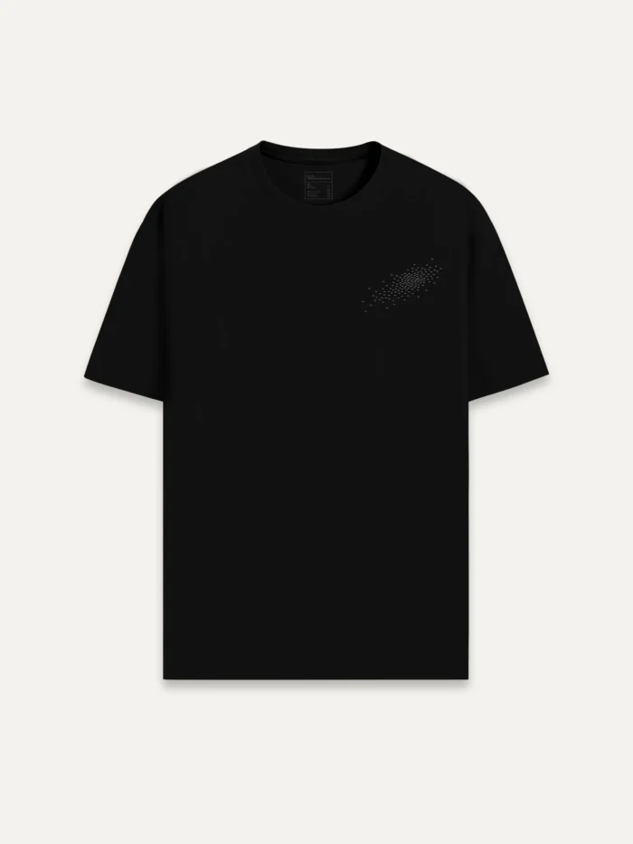 black organic cotton t-shirt front view minimal camouflage field chest print