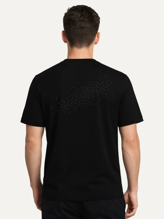 male model wearing black t-shirt back view camouflage field abstract line pattern print