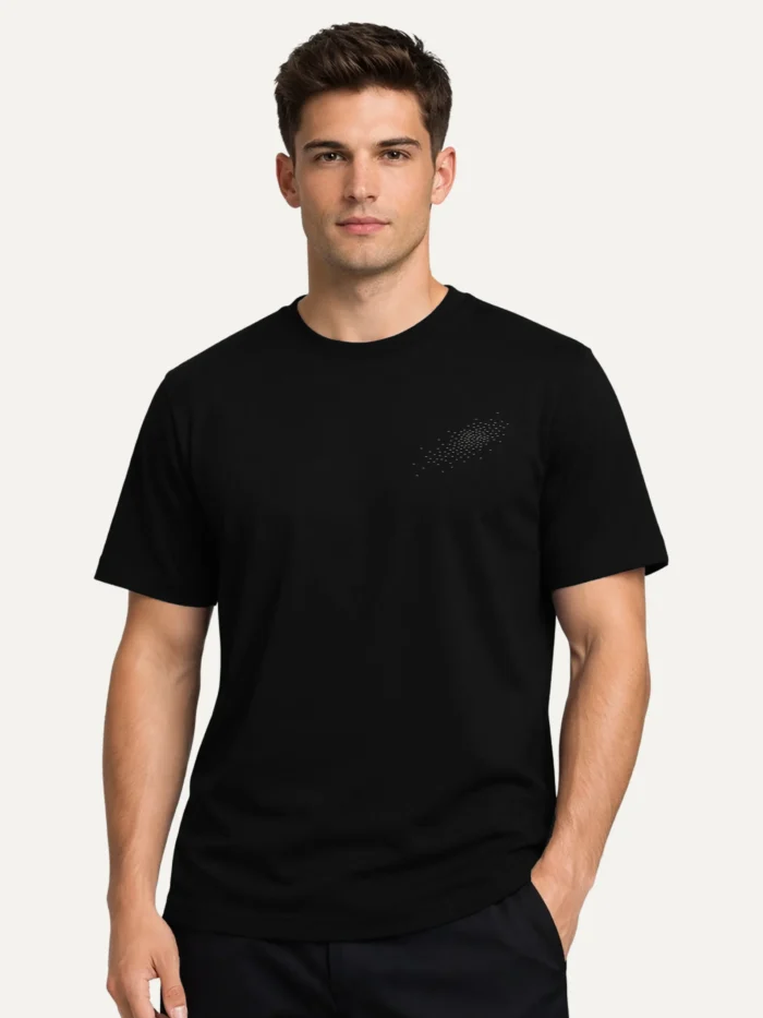 male model wearing black t-shirt front view minimal chest camouflage field print