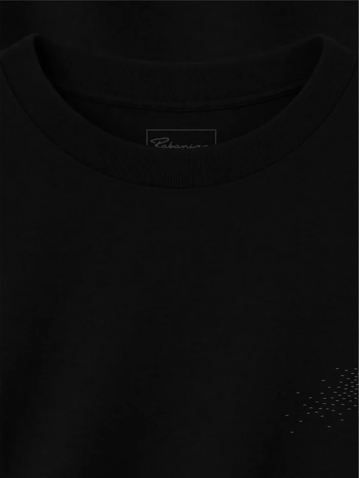 black t-shirt ribbed neckline detail organic cotton fabric close-up