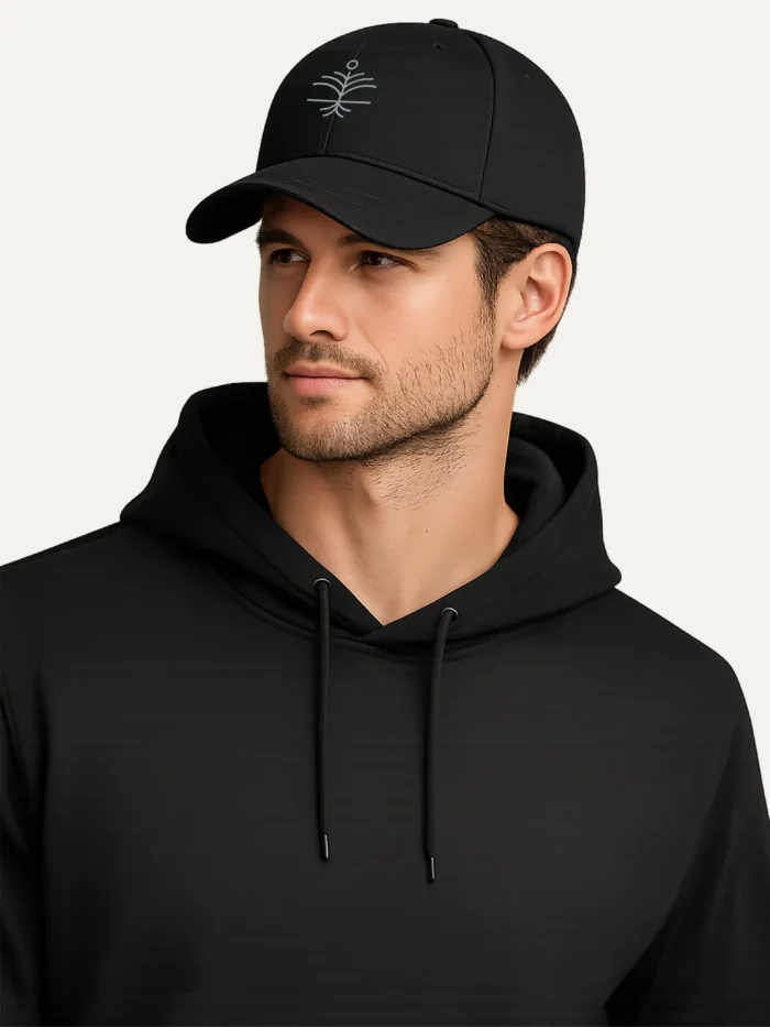 black-organic-cotton-twill-cap-canopy-layer-design-worn-by-model