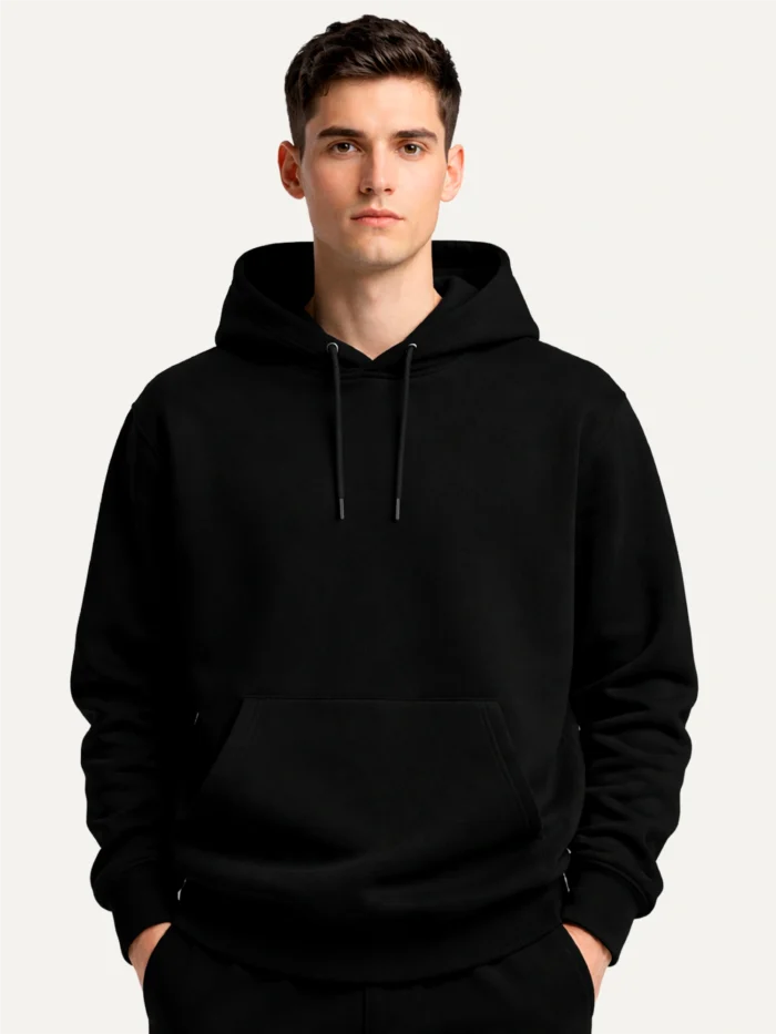 male-model-wearing-black-perception-radius-organic-hoodie-front-view