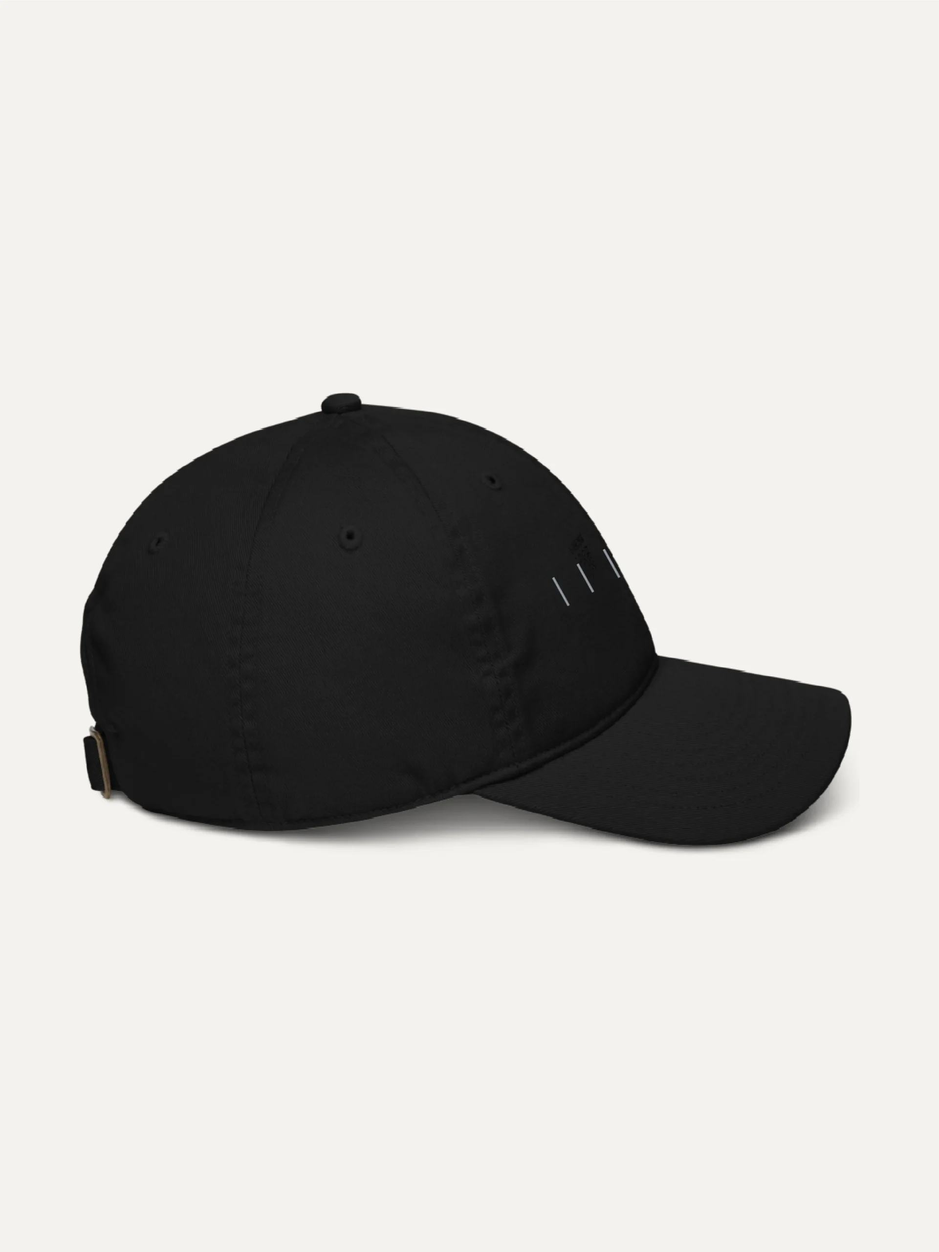 Side profile of black organic cotton Seasonal Index cap