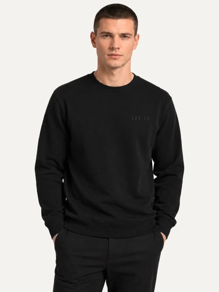 Male model wearing black organic cotton Seasonal Index sweatshirt