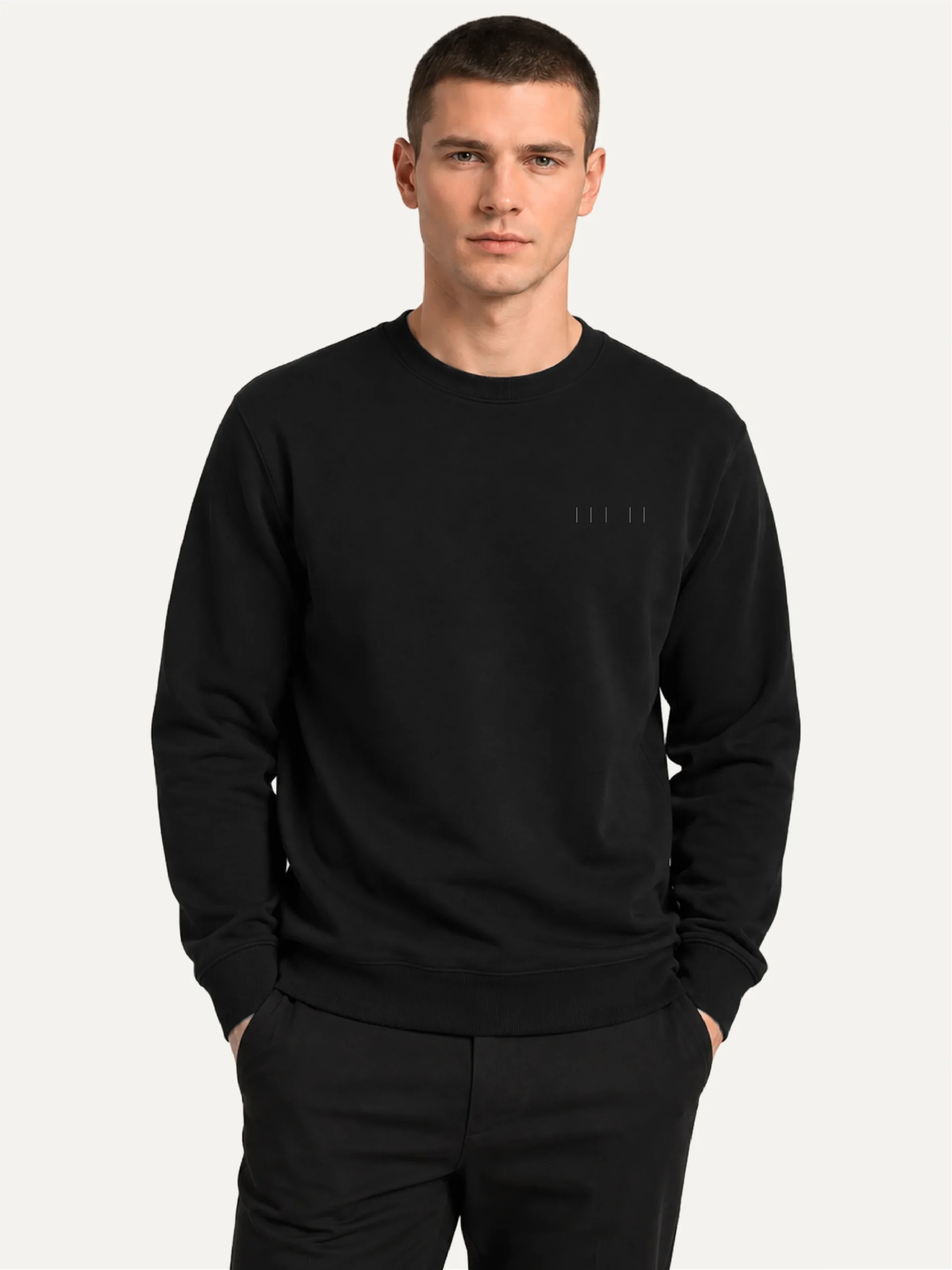 Male model wearing black organic cotton Seasonal Index sweatshirt