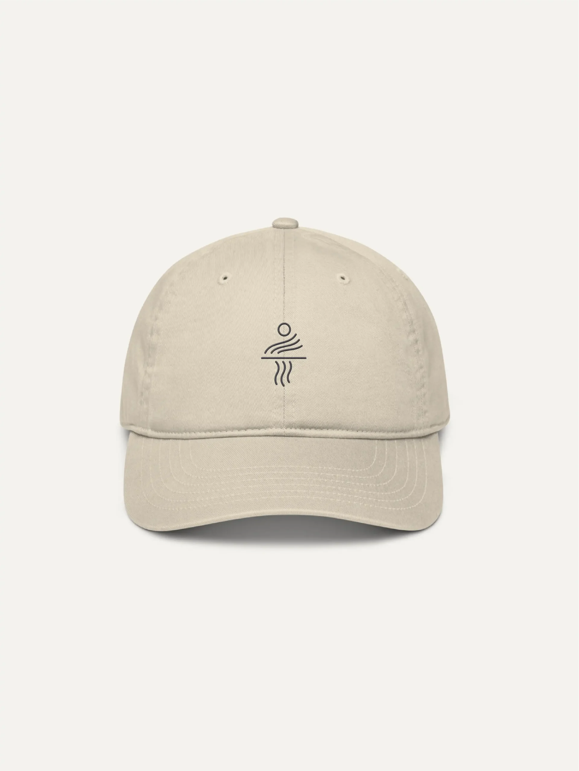 front view oyster organic cotton cap with minimal solar current embroidery