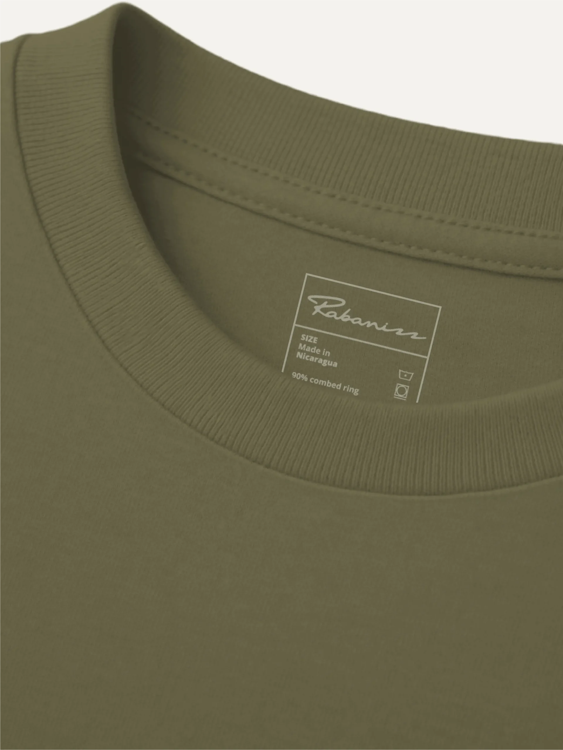 Khaki organic cotton T-shirt collar and Rabanizz label