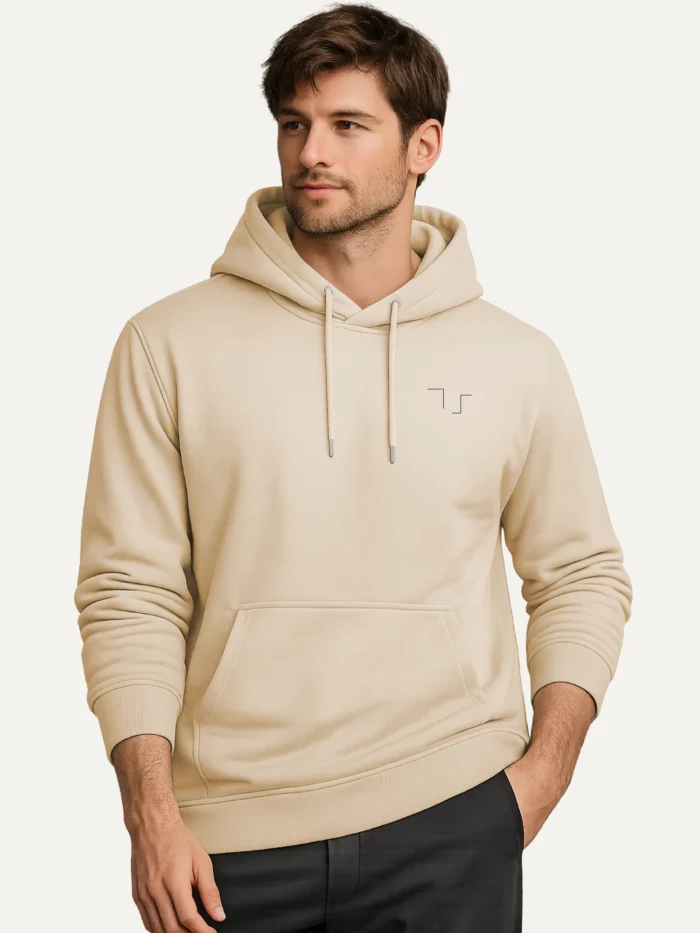 Model wearing Held Insert Desert Dust organic cotton hoodie