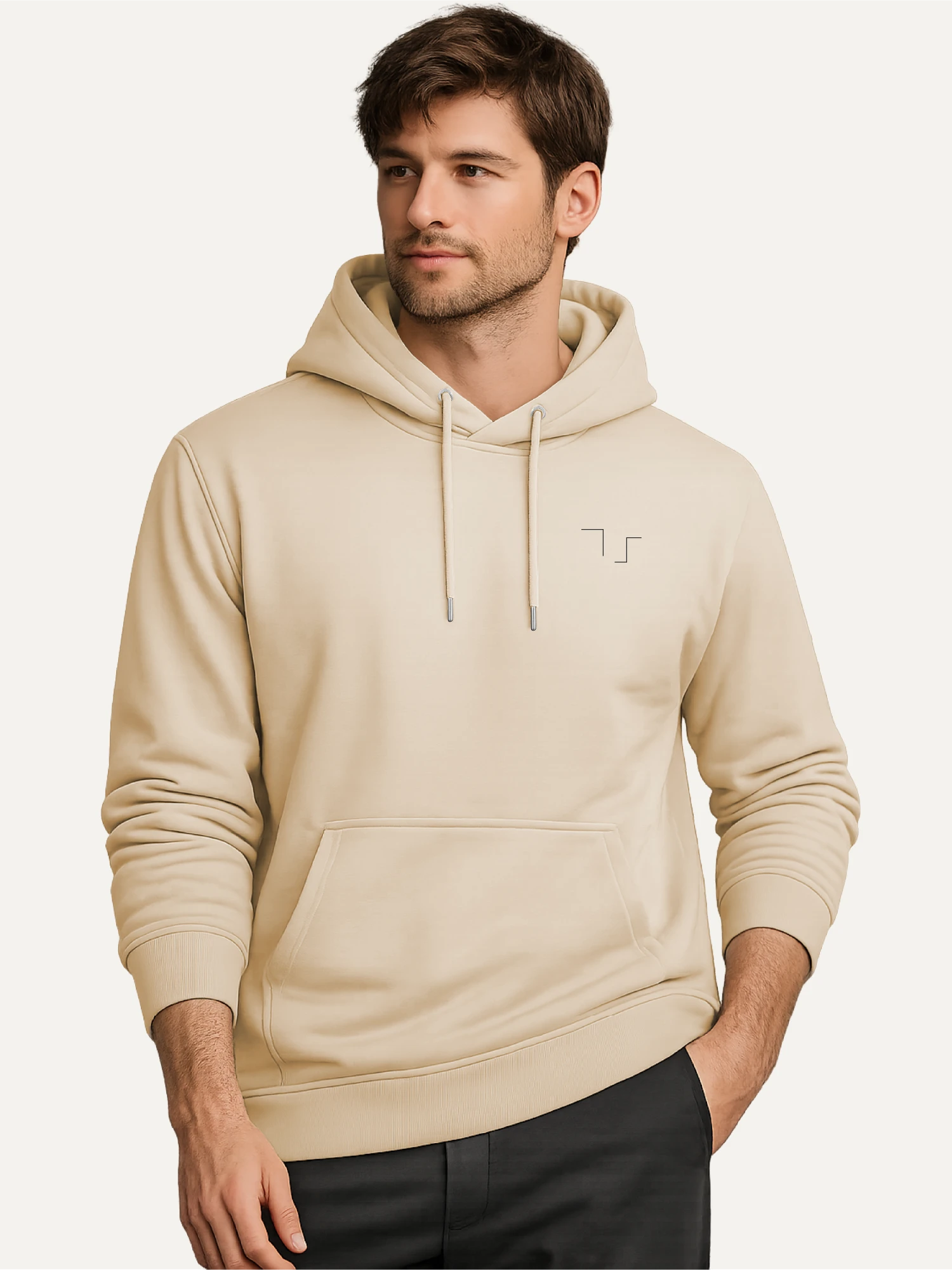 Model wearing Held Insert Desert Dust organic cotton hoodie