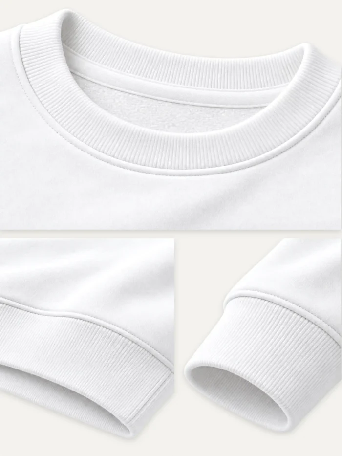 White organic sweatshirt rib collar cuffs and hem details
