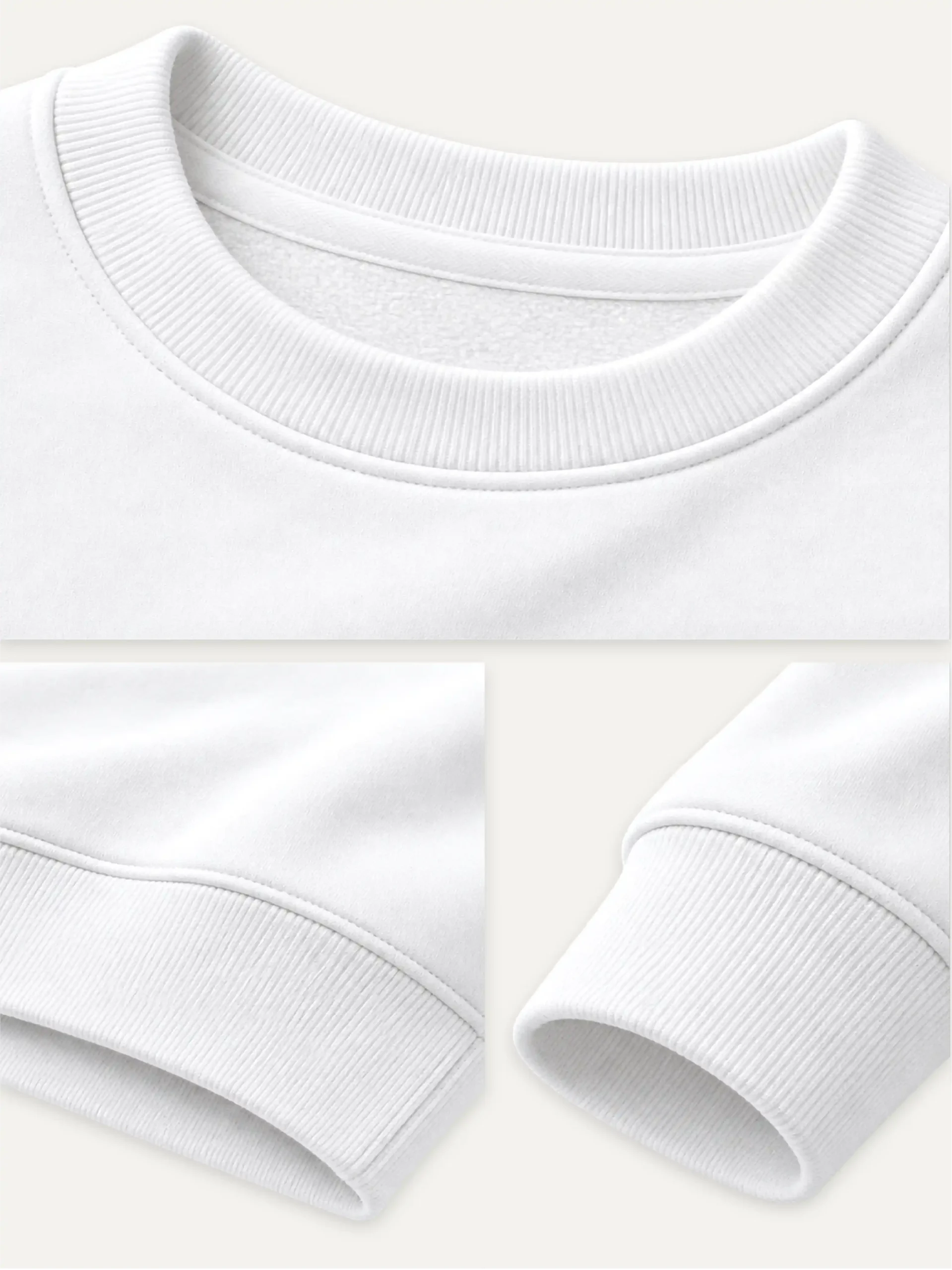 White organic sweatshirt rib collar cuffs and hem details