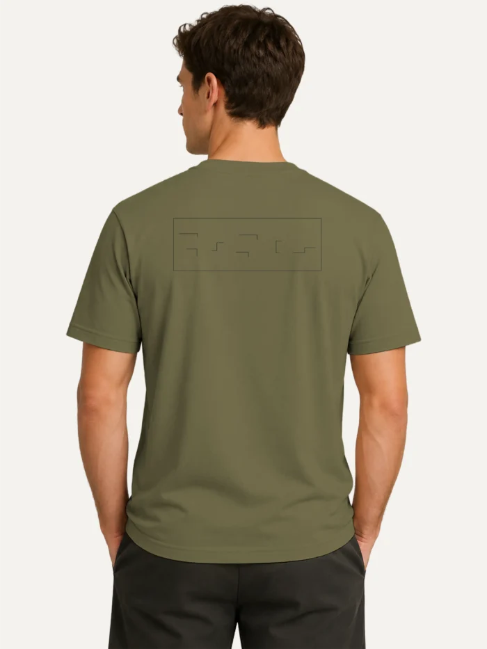 Model wearing Held Insert Khaki organic T-shirt from back