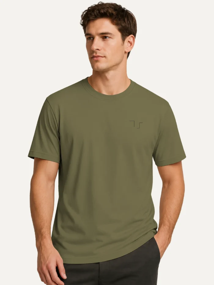 Model wearing Held Insert Khaki organic cotton T-shirt