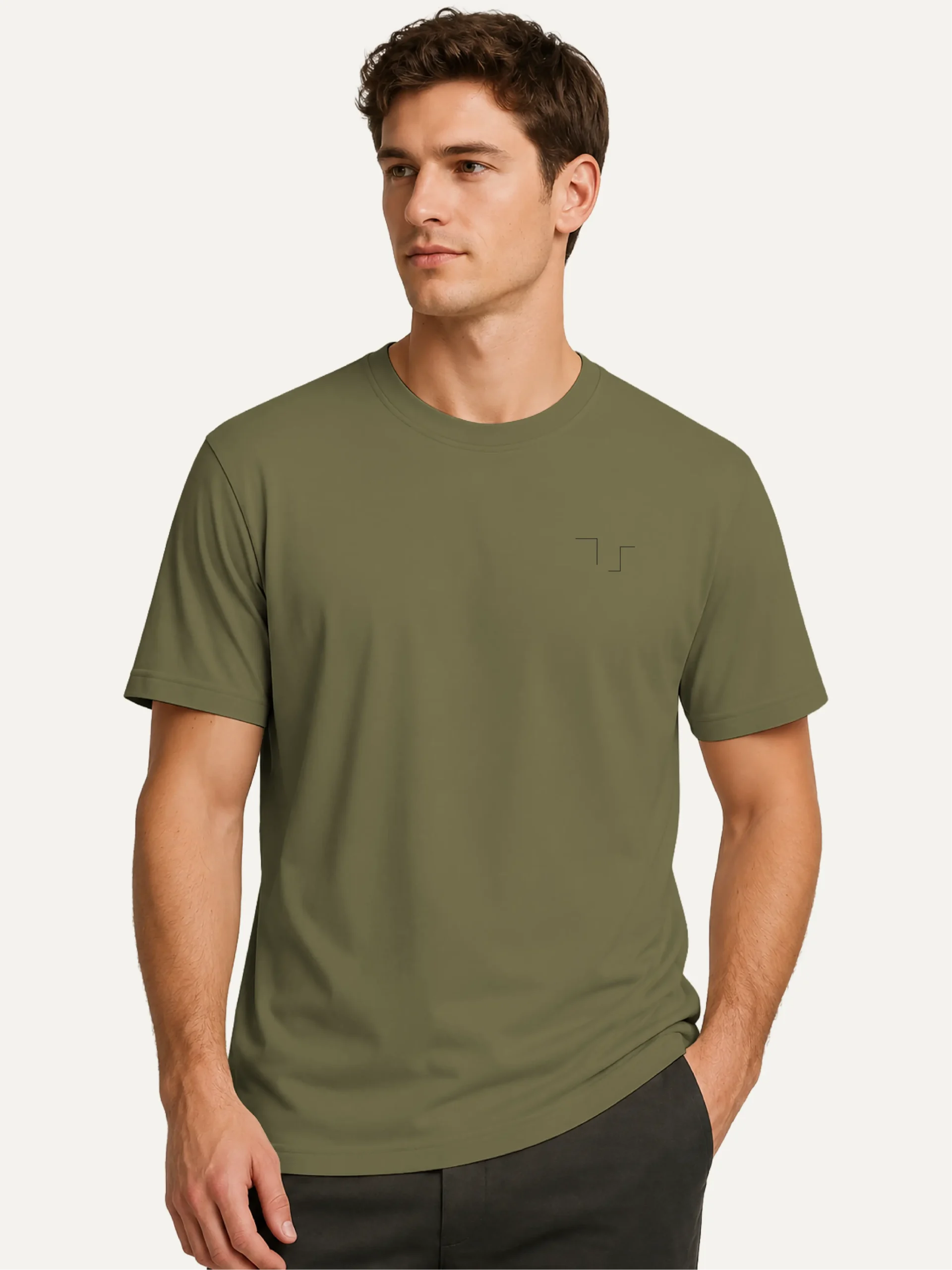 Model wearing Held Insert Khaki organic cotton T-shirt