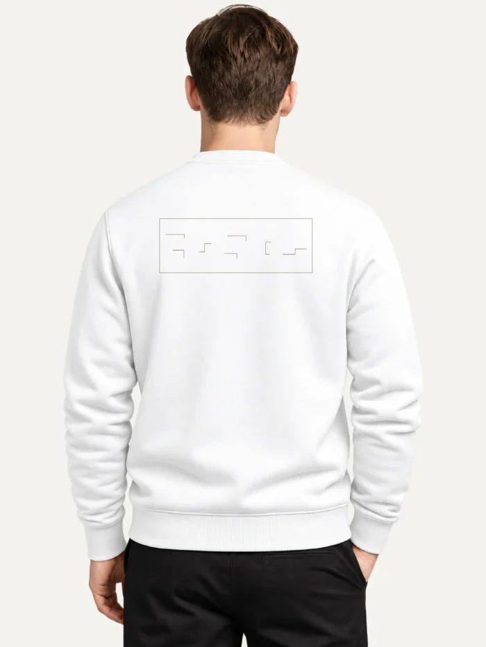 Model wearing Held Insert White sweatshirt with back artwork