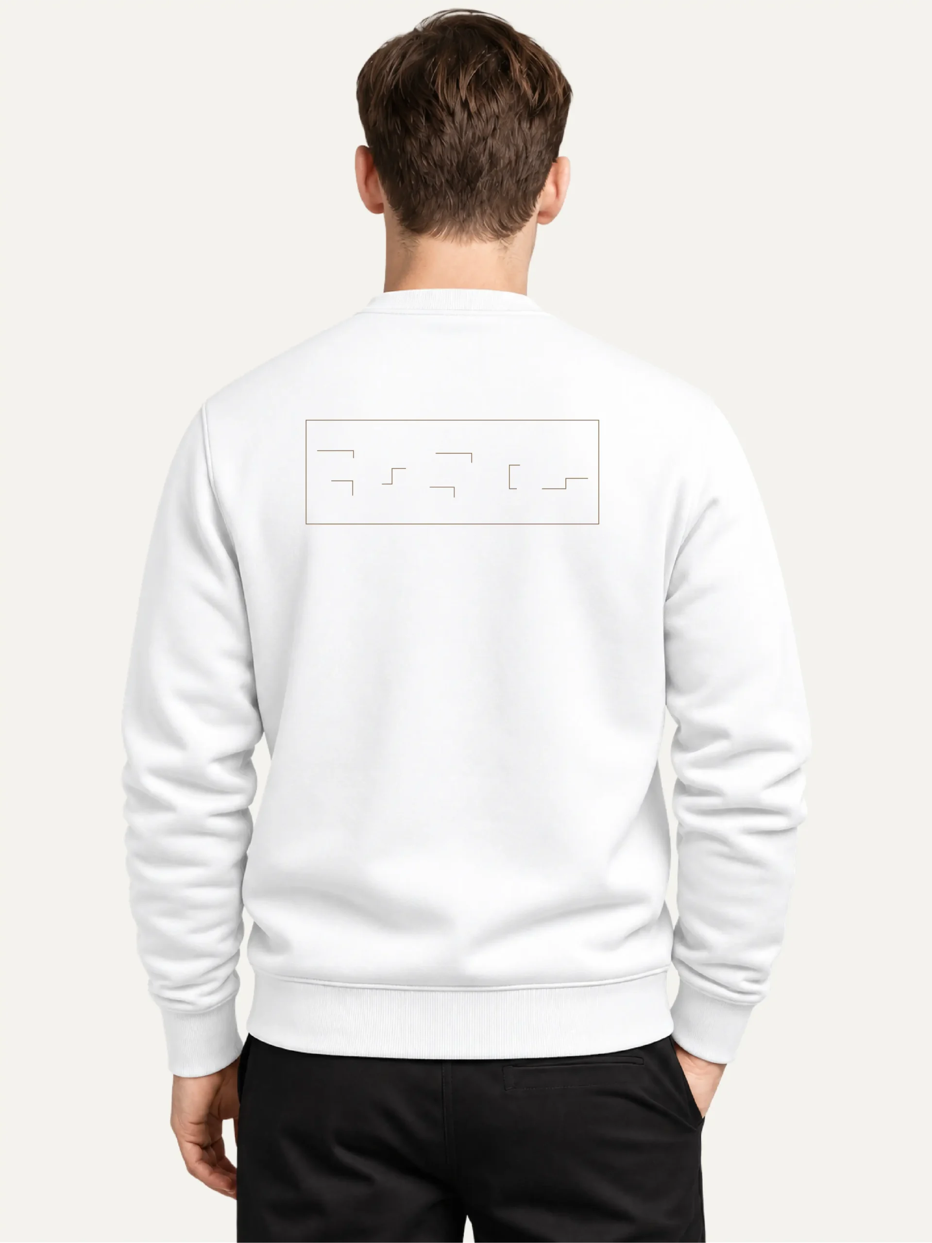Model wearing Held Insert White sweatshirt with back artwork