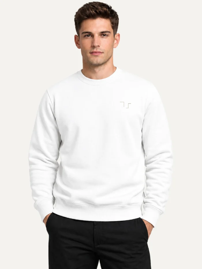 Model wearing Held Insert White organic cotton sweatshirt