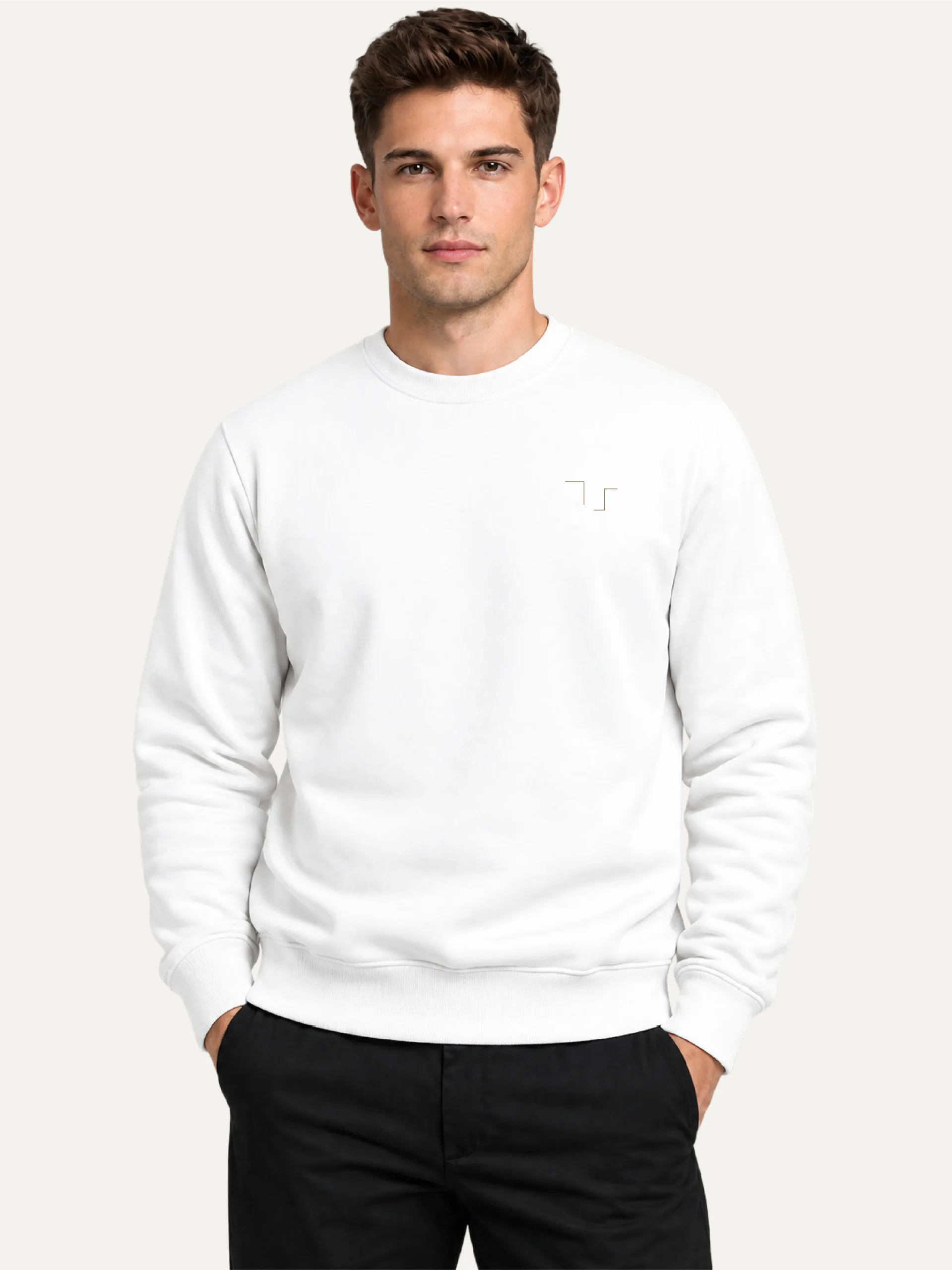 Model wearing Held Insert White organic cotton sweatshirt
