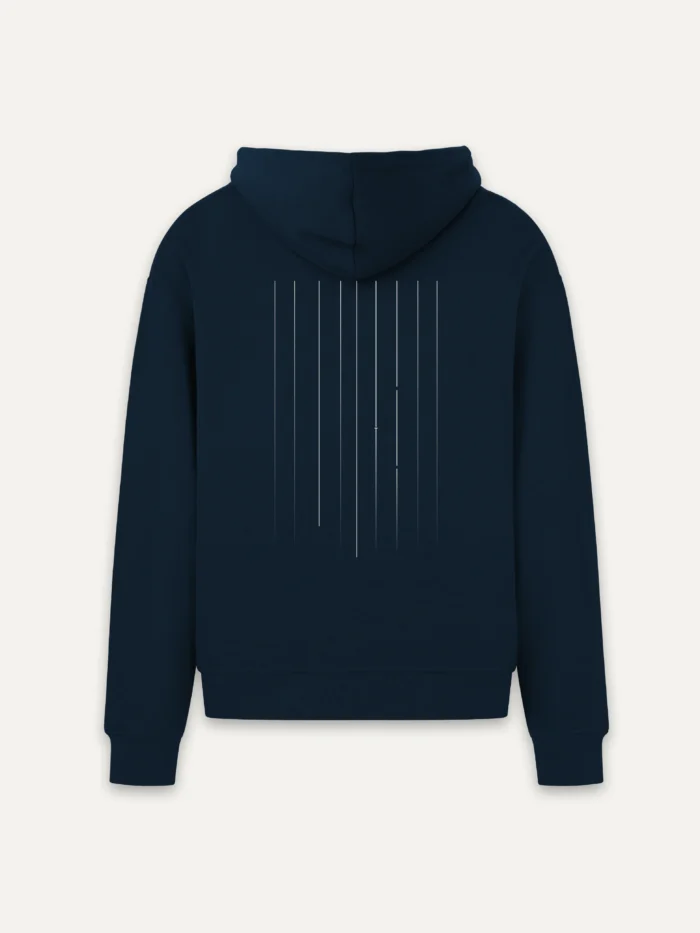 French Navy organic hoodie with Material Lineage vertical back artwork