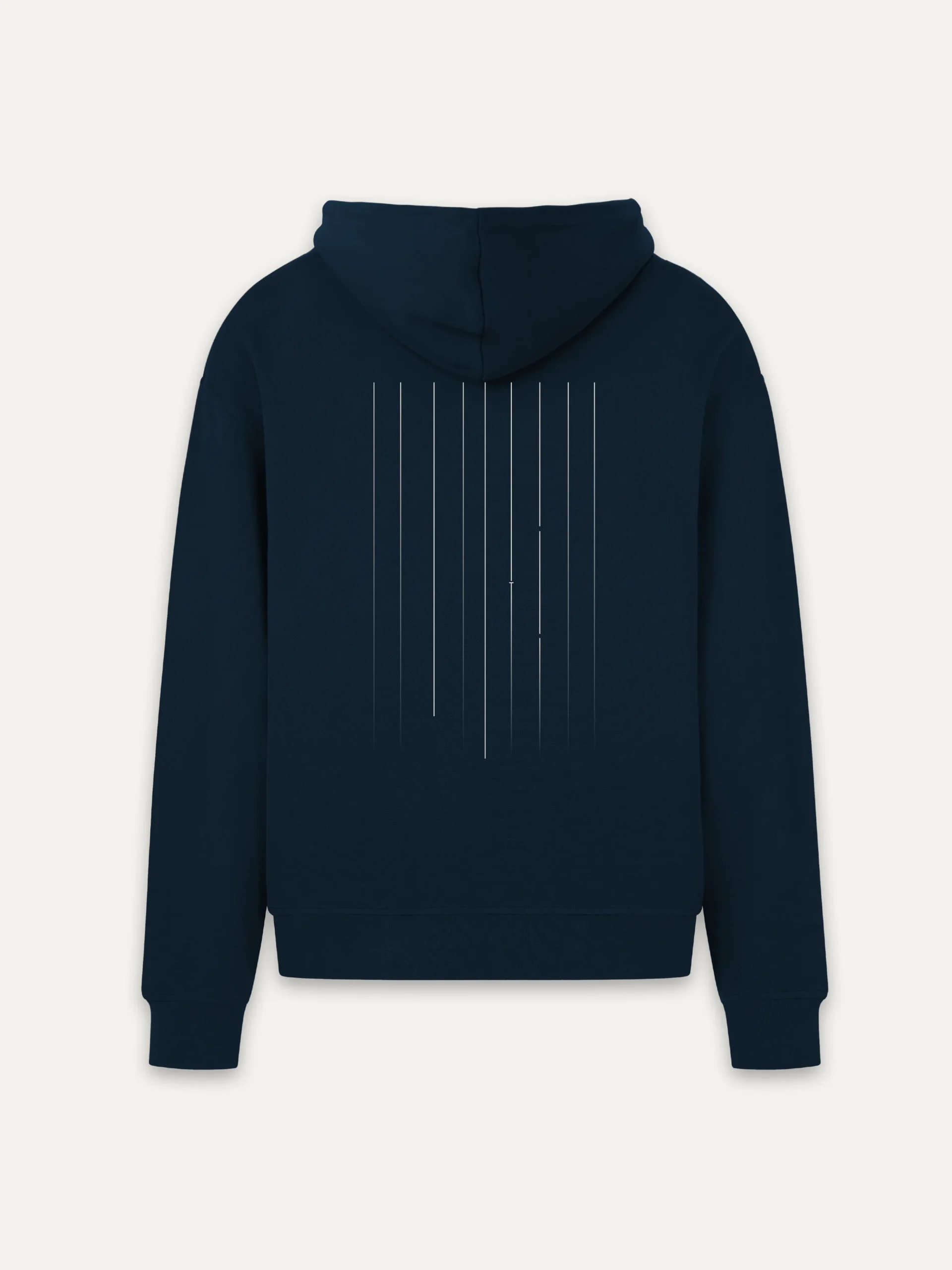 French Navy organic hoodie with Material Lineage vertical back artwork