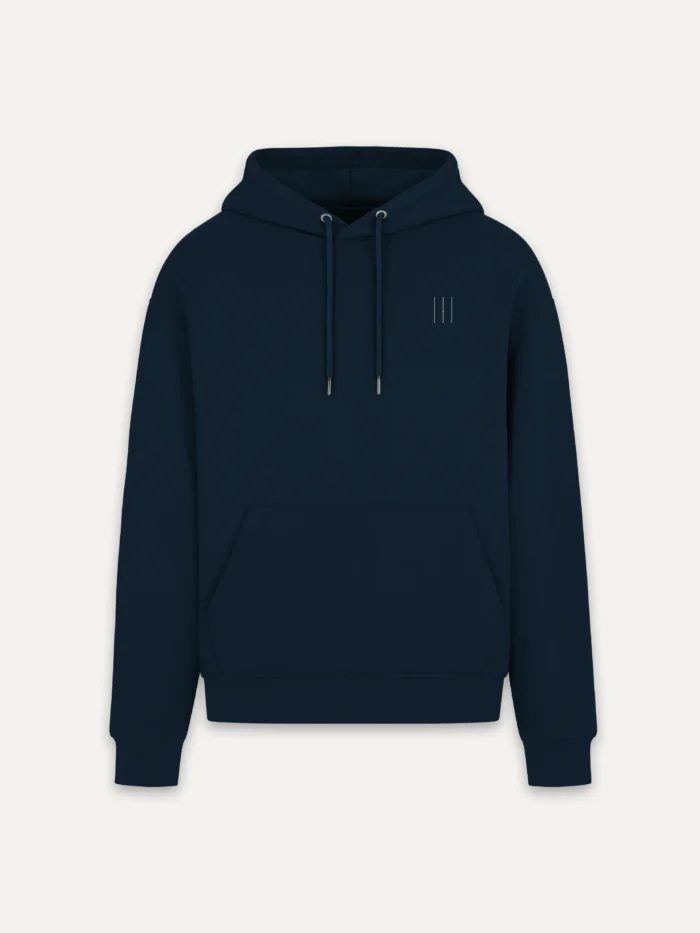 French Navy Material Lineage hoodie with three-line chest signal