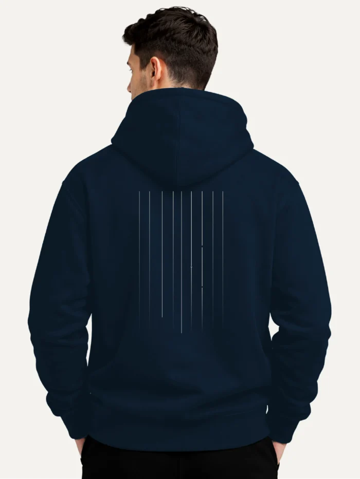Male model showing Material Lineage artwork on French Navy hoodie