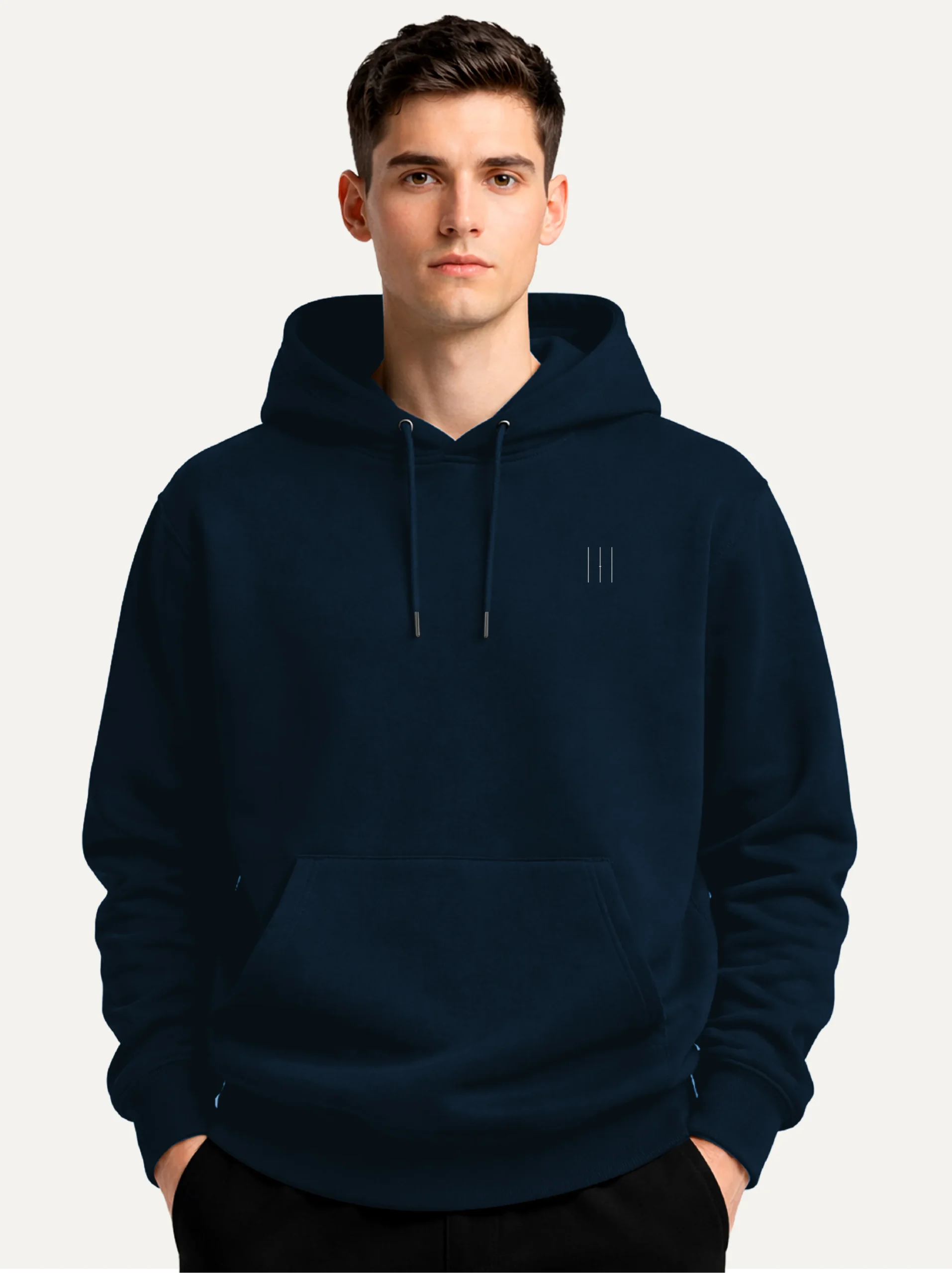 Male model wearing French Navy hoodie with minimal chest signal