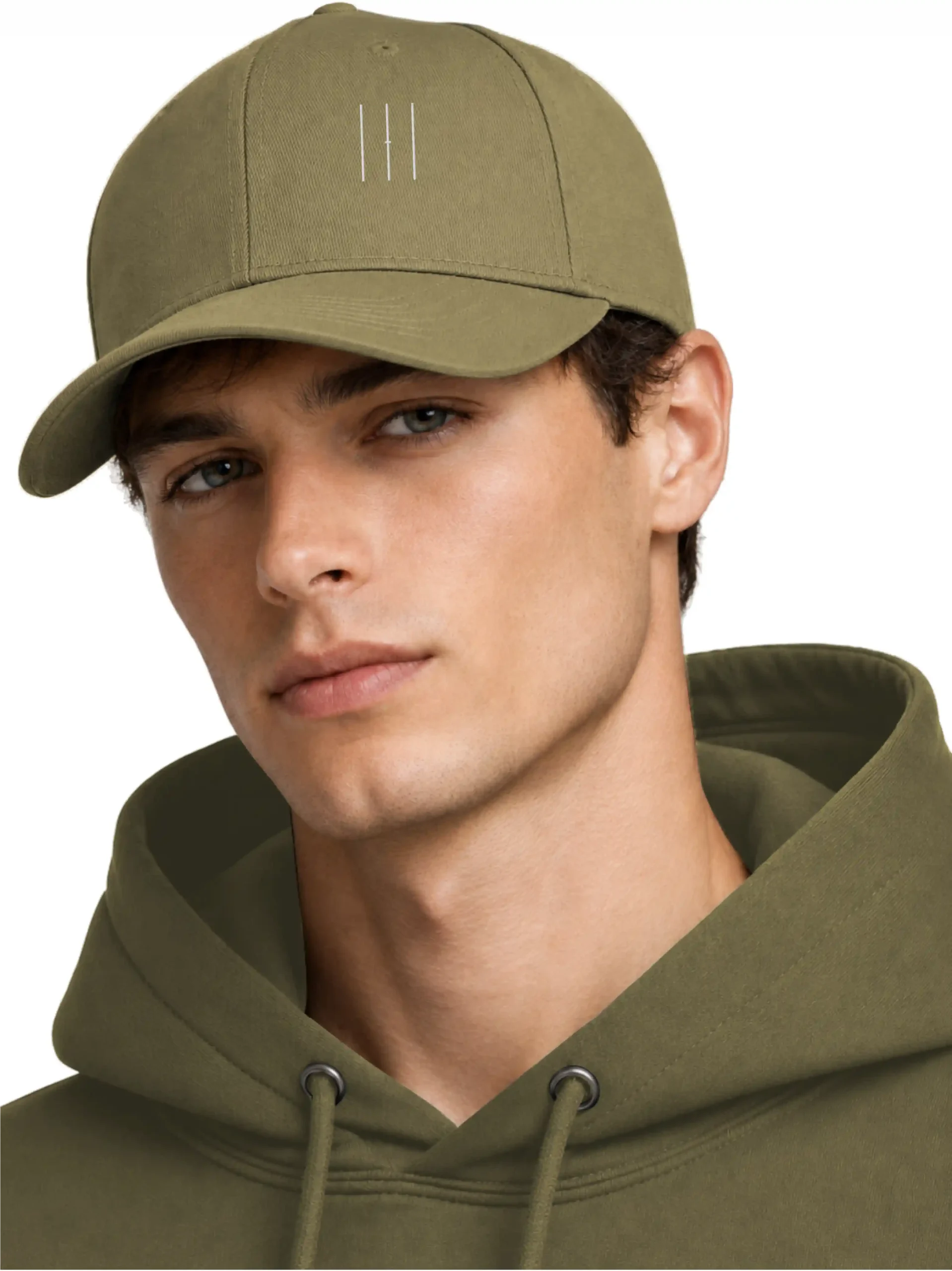 Male model wearing Jungle Material Lineage embroidered cap