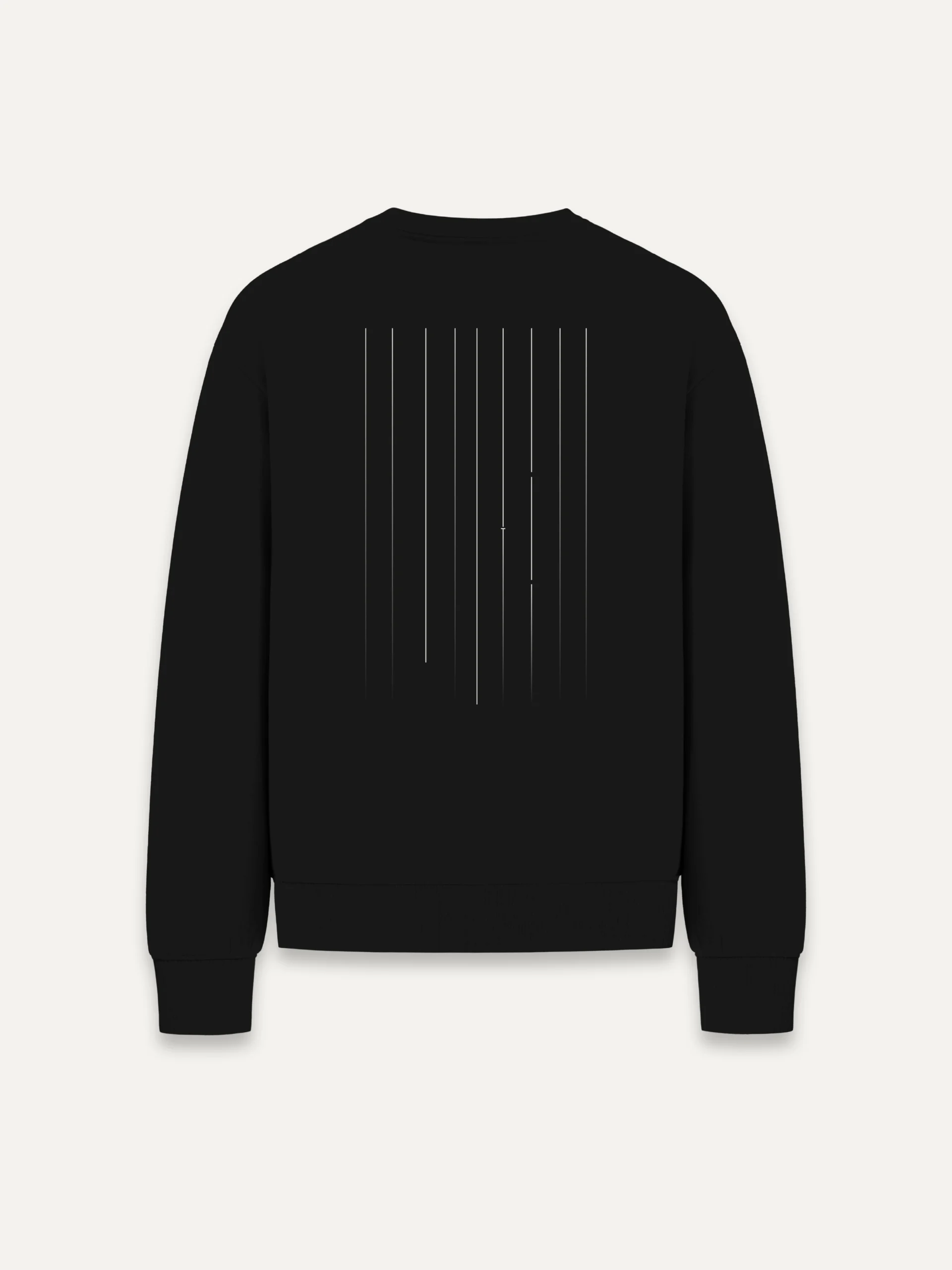 Black organic sweatshirt with Material Lineage vertical back artwork