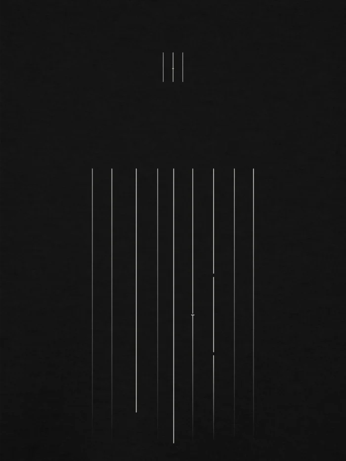 Close-up of Ash Grey Material Lineage artwork on black cotton