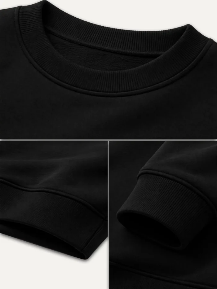 Black sweatshirt rib collar cuffs and hem construction details