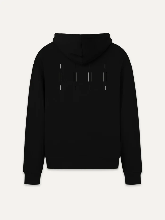 Black Memory Relay organic cotton hoodie with Stone White upper-back artwork