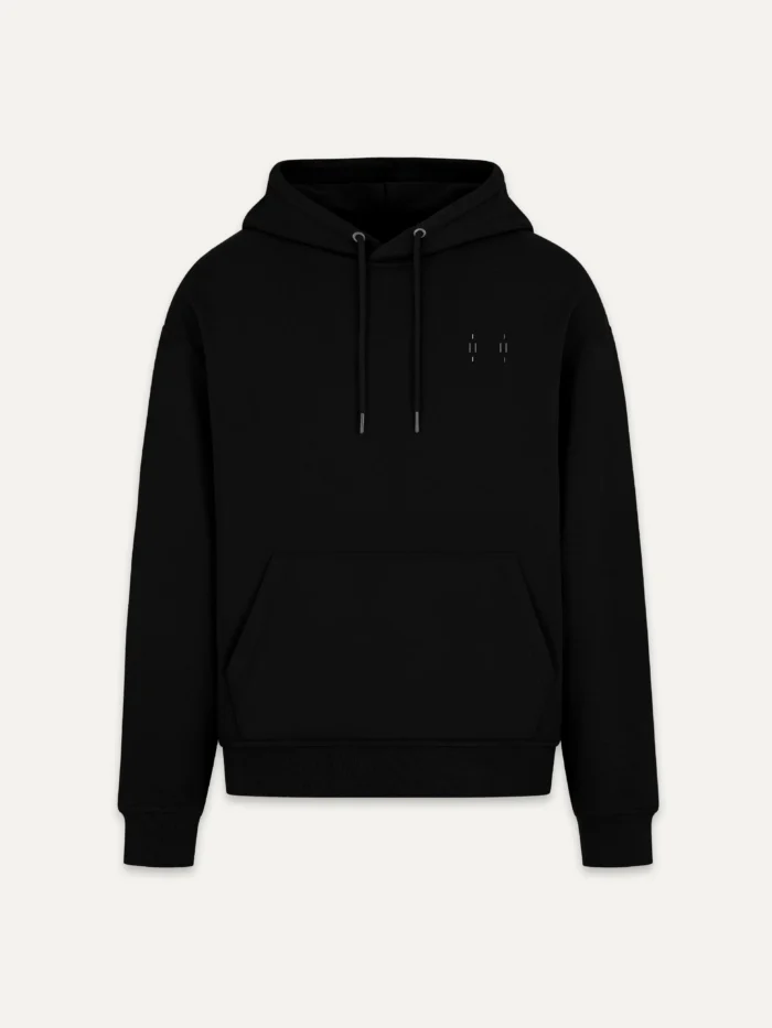 Black organic cotton hoodie with reduced Stone White Memory Relay chest signal