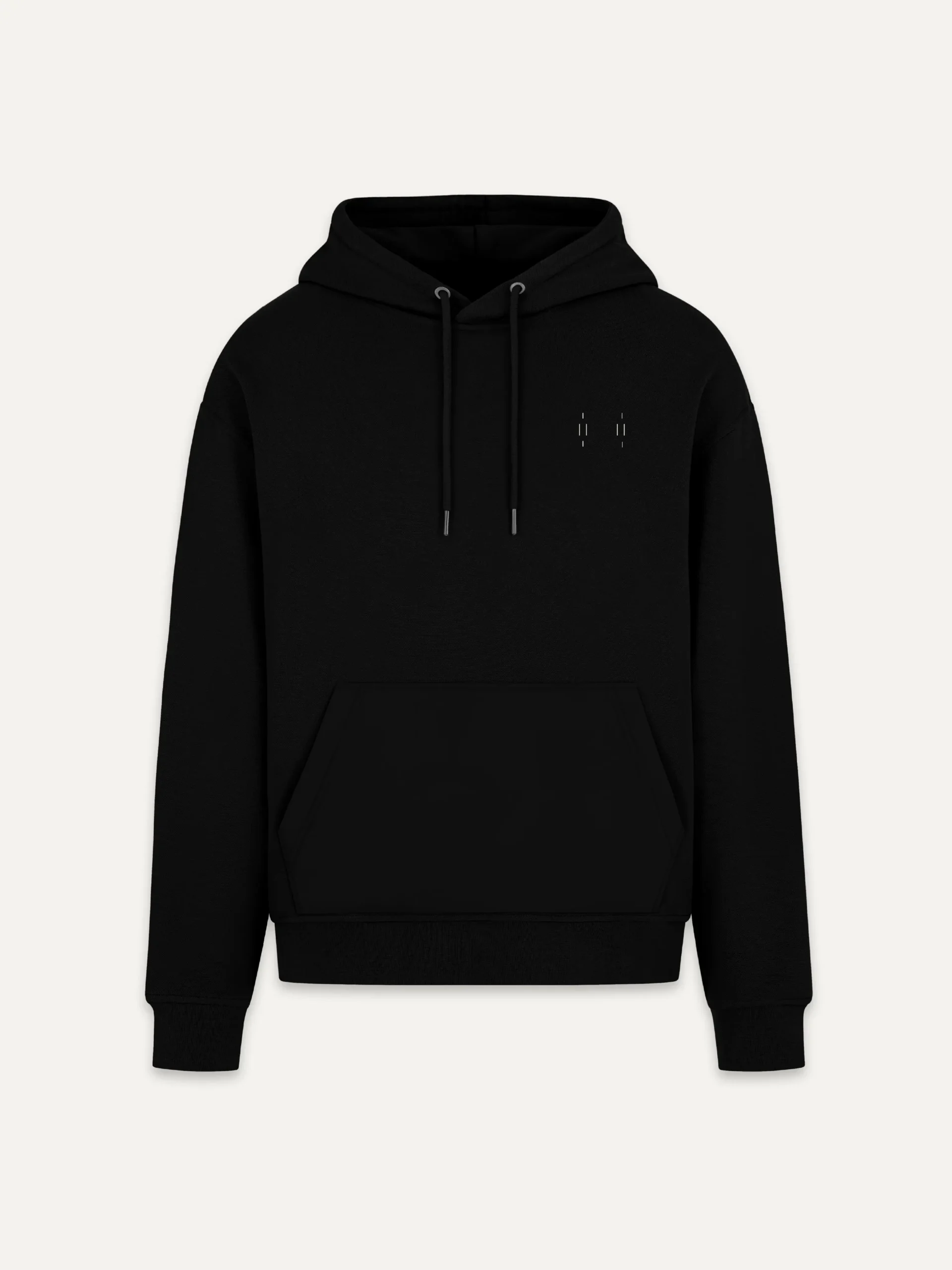 Black organic cotton hoodie with reduced Stone White Memory Relay chest signal